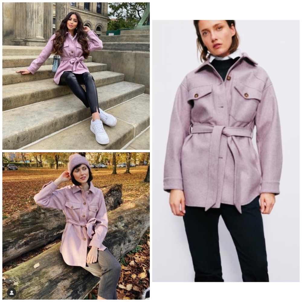 Zara Lilac Purple Oversized Belted Waist Tie Shacket Textured Jacket Coat XS